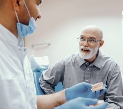 Periodontist discussing the four step dental implant tooth replacement process with patient
